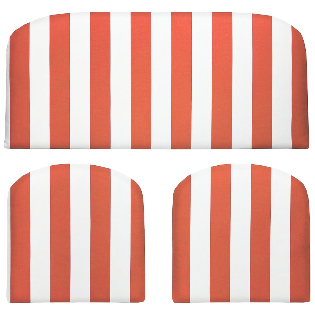 3 Piece Foam Wicker Settee and Chair Cushion Set | Foam | 41” W x 19" D x 3" Thick & 19" x 19" x 3" | Coral & White Stripe | SUMMER FLASH SALE - RSH Decor
