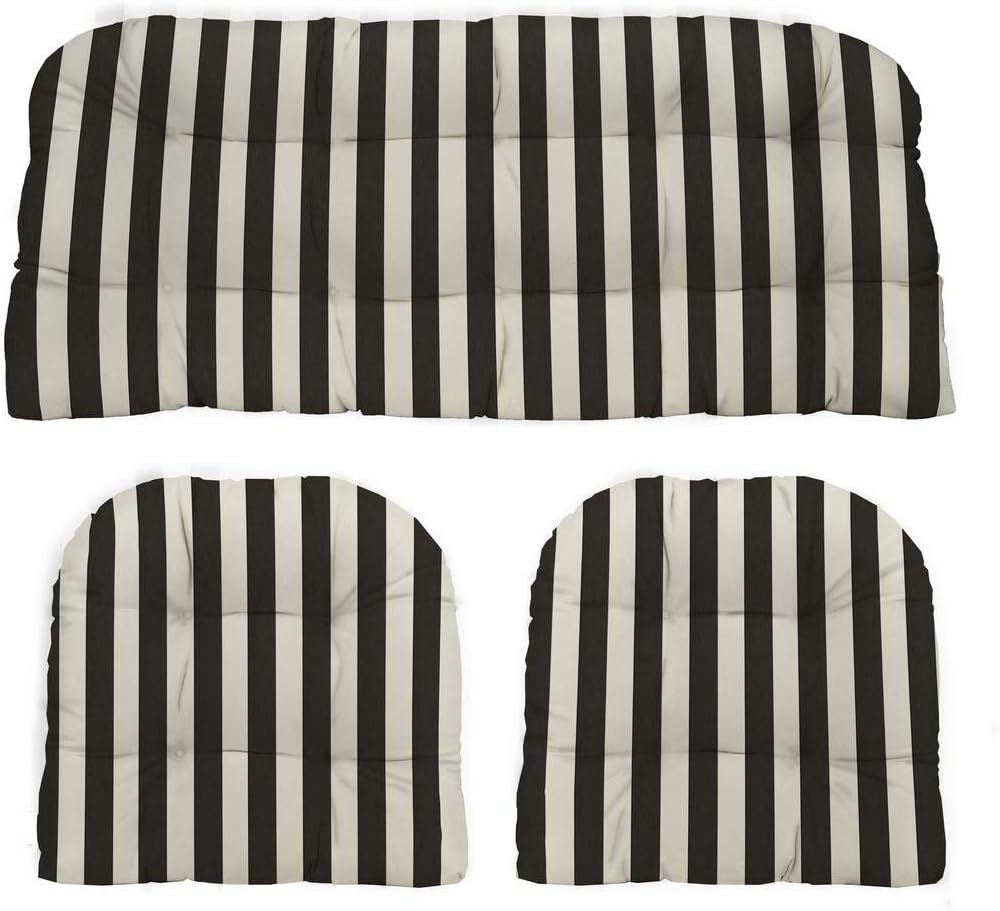 3 Piece Tufted Wicker Settee and Chair Cushion Set | Reversible | 1 Loveseat 41” x 19" & 2 U-Shape 19" x 19" | Black & White Stripe | SUMMER FLASH SALE - RSH Decor