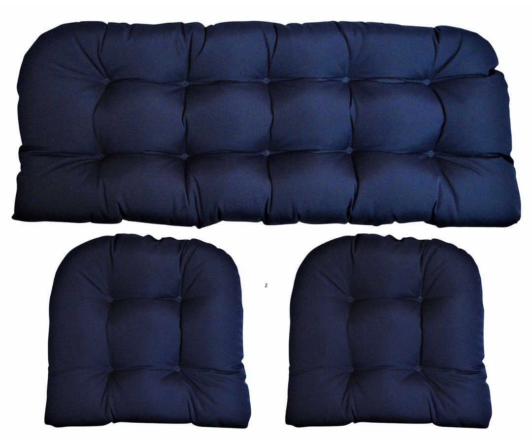 3 Piece Tufted Wicker Settee and Chair Cushion Set | Reversible | 1 Loveseat 41” x 19" & 2 U-Shape 19" x 19" | Navy | SUMMER FLASH SALE - RSH Decor