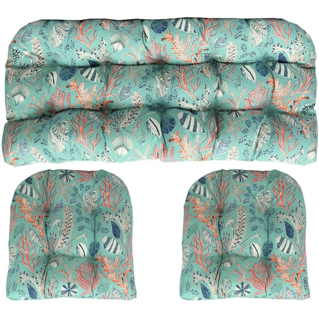 3 Piece Tufted Wicker Settee and Chair Cushion Set | Reversible | 1 Loveseat 41” x 19" & 2 U-Shape 19" x 19" | Blue Ocean Life | SUMMER FLASH SALE - RSH Decor