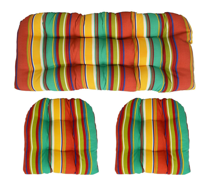 3 Piece Tufted Wicker Settee and Chair Cushion Set | Reversible | 1 Loveseat 41” x 19" & 2 U-Shape 19" x 19" | Bright Colorful Stripe | SUMMER FLASH SALE - RSH Decor