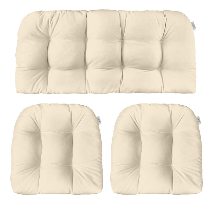 3 Piece Tufted Wicker Settee and Chair Cushion Set | Reversible | 1 Loveseat 41” x 19" & 2 U-Shape 19" x 19" | Ivory | SUMMER FLASH SALE - RSH Decor