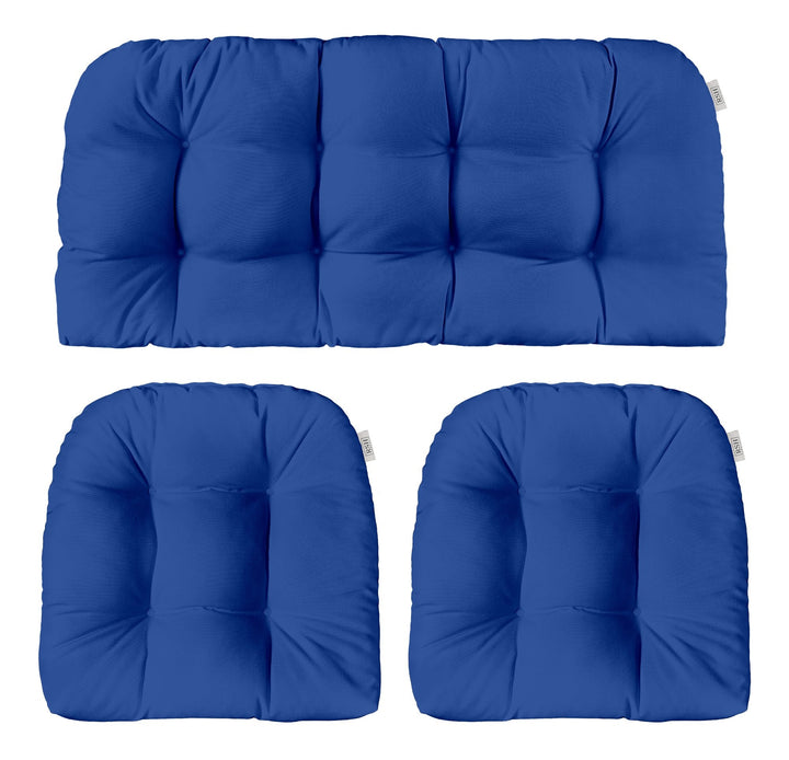 3 Piece Tufted Wicker Settee and Chair Cushion Set | Reversible | 1 Loveseat 41” x 19" & 2 U - Shape 19" x 19" | Veranda Blue | SUMMER FLASH SALE - RSH Decor