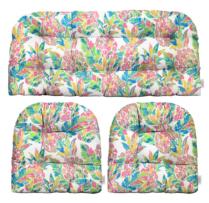 3 Piece Tufted Wicker Settee and Chair Cushion Set | Reversible | 1 Loveseat 41” x 19" & 2 U - Shape 19" x 19" | Vida Pink Pineapple | SUMMER FLASH SALE - RSH Decor