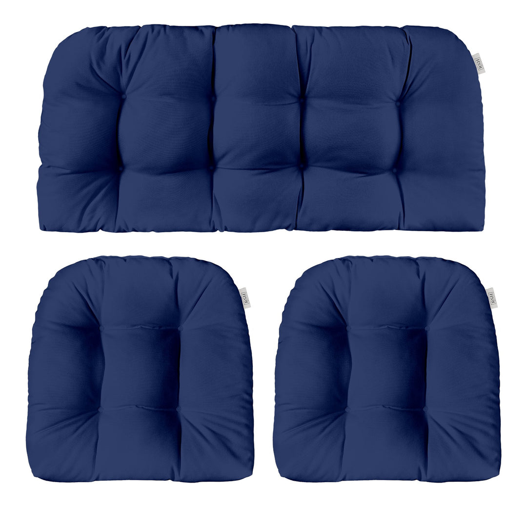 3 Piece Wicker Cushion Set, Tufted, 41" W x 19" D, 19" W x 19" D, Navy Blue - RSH Decor