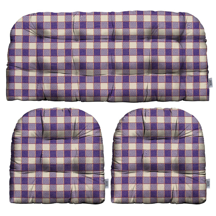 3 Piece Wicker Cushion Set | Tufted | Sunbrella Performance Fabric | Sunbrella Encounter Purple Plaid - RSH Decor