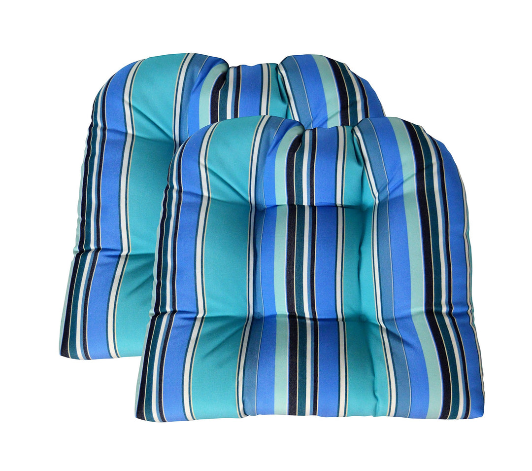 RSH Decor Sunbrella Dolce Oasis Wicker Chair Cushion Set of 2 - Indoor / Outdoor 2 Matching Wicker Chair Cushions for Patio Furniture - Blue, Turquoise & White Stripe - Made in USA