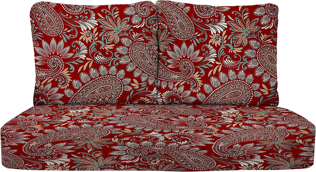 Deep Seating Loveseat Cushion Set with Pillow Backs | 1 Loveseat Cushion 46”W x 24”D x 5" & 2 Pillow Backs 25”W x 21”H | Eastman Berry Red Paisley | SUMMER FLASH SALE - RSH Decor