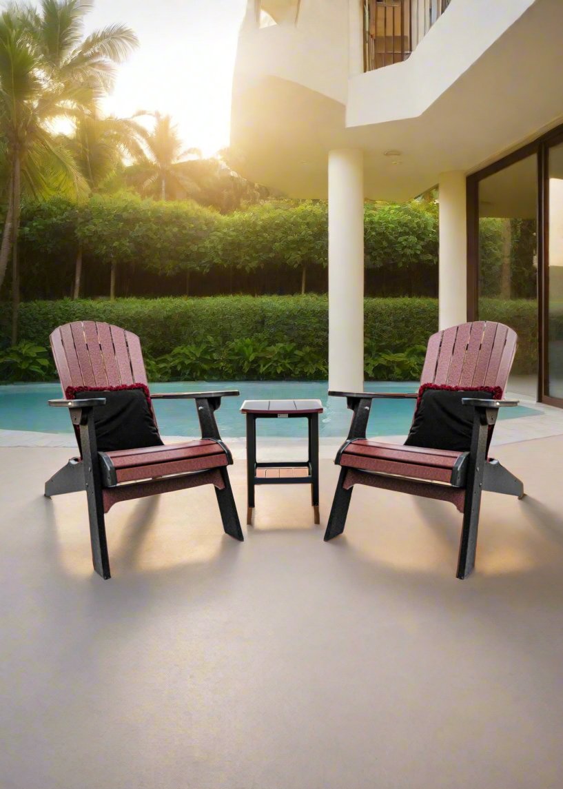 Fanback Classic Adirondack Chairs & Oval Side Table Set with Fringe Pillows | Garnet & Black Collection - RSH Decor