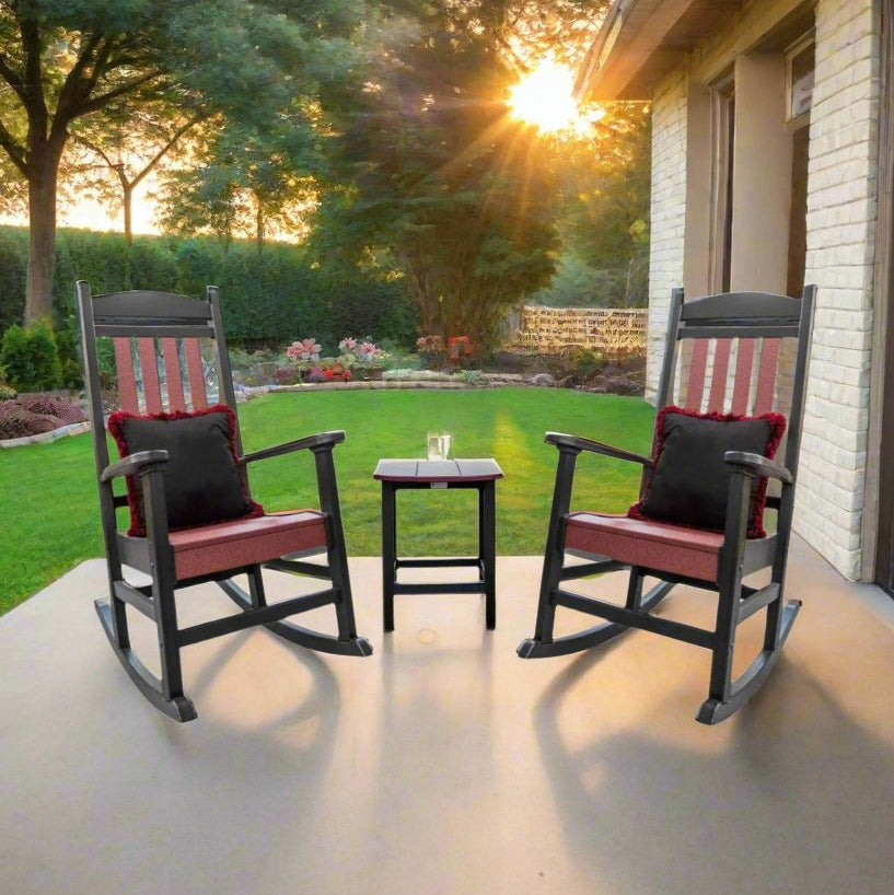 Fanback Porch Rocker Chairs & Oval Side Table Set with Fringe Pillows ...