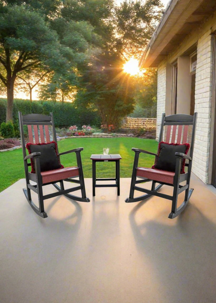 Fanback Porch Rocker Chairs & Oval Side Table Set with Fringe Pillows | Garnet & Black Collection - RSH Decor