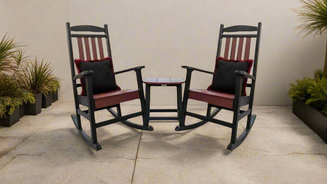 Fanback Porch Rocker Chairs & Oval Side Table Set with Fringe Pillows | Garnet & Black Collection - RSH Decor