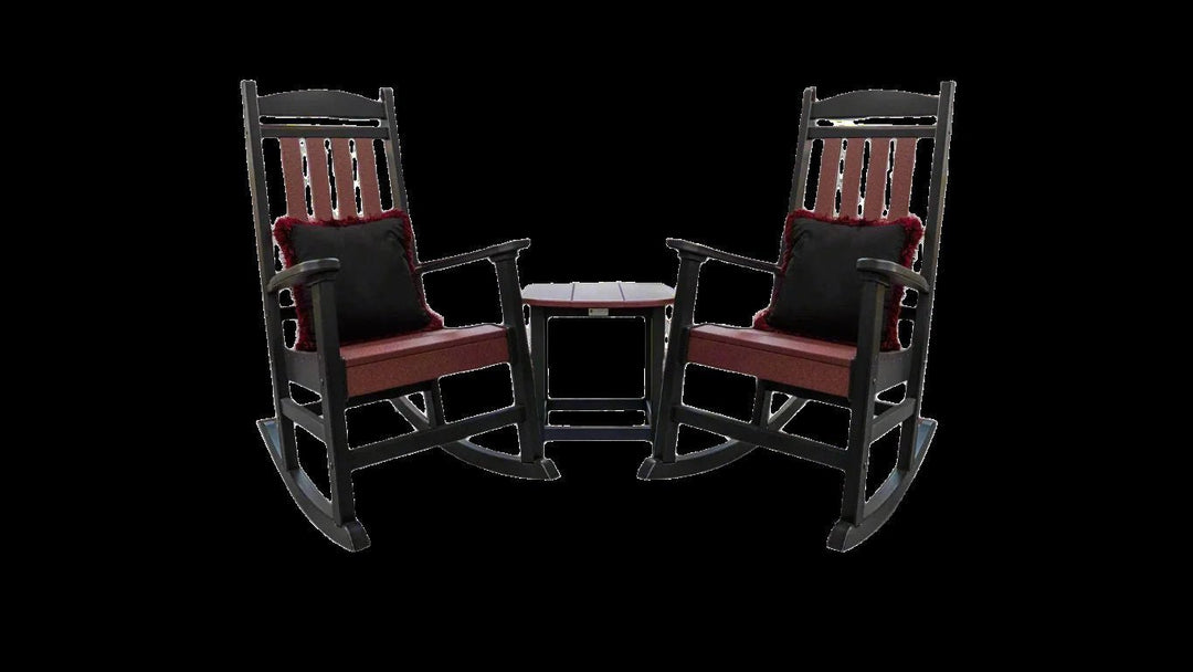 Fanback Porch Rocker Chairs & Oval Side Table Set with Fringe Pillows | Garnet & Black Collection - RSH Decor