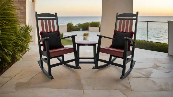 Fanback Porch Rocker Chairs & Oval Side Table Set with Fringe Pillows | Garnet & Black Collection - RSH Decor