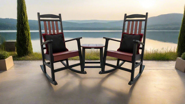 Fanback Porch Rocker Chairs & Oval Side Table Set with Fringe Pillows | Garnet & Black Collection - RSH Decor