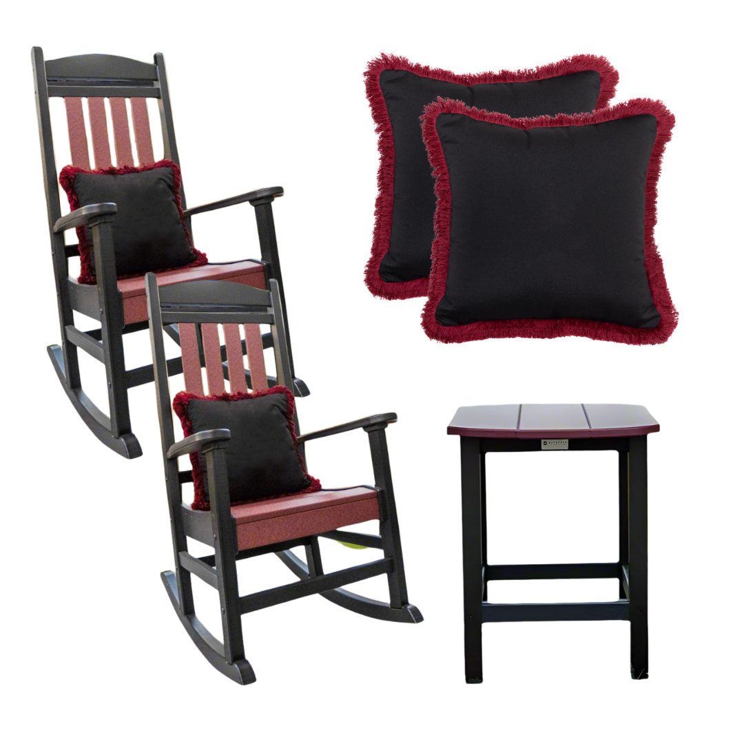 Fanback Porch Rocker Chairs & Oval Side Table Set with Fringe Pillows | Garnet & Black Collection - RSH Decor