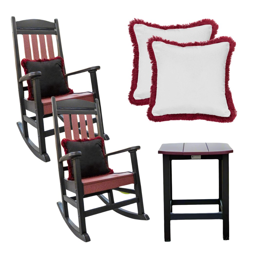 Fanback Porch Rocker Chairs & Oval Side Table Set with Fringe Pillows | Garnet & Black Collection - RSH Decor