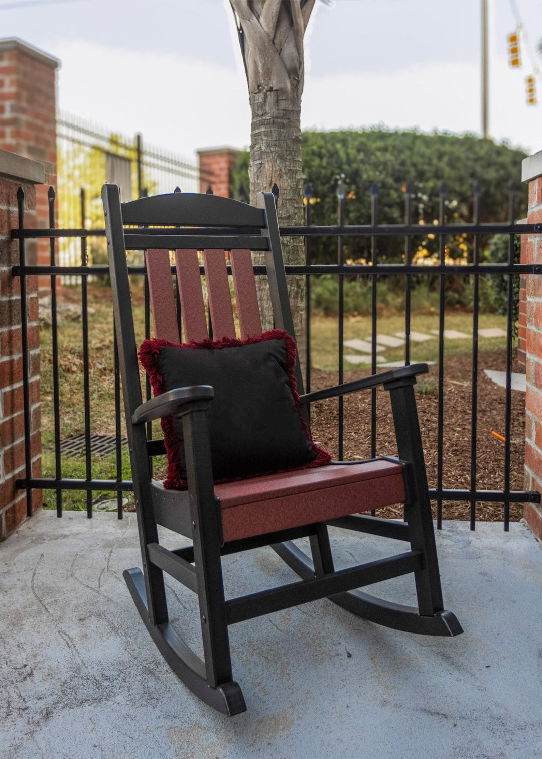 Fanback Porch Rocker Chairs & Oval Side Table Set with Fringe Pillows | Garnet & Black Collection - RSH Decor