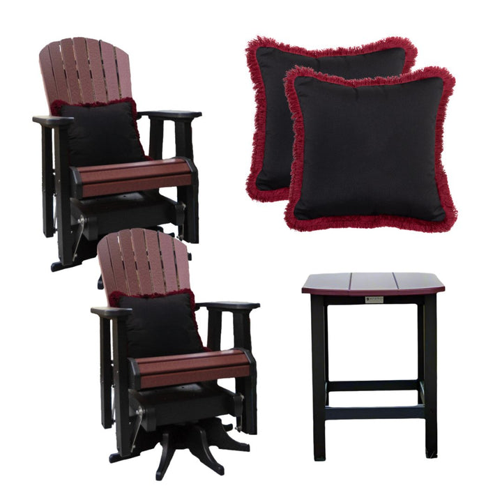 Fanback Swivel Gliders & Oval Side Table Set with 2 Fringe Pillows | Garnet & Black Collection - RSH Decor