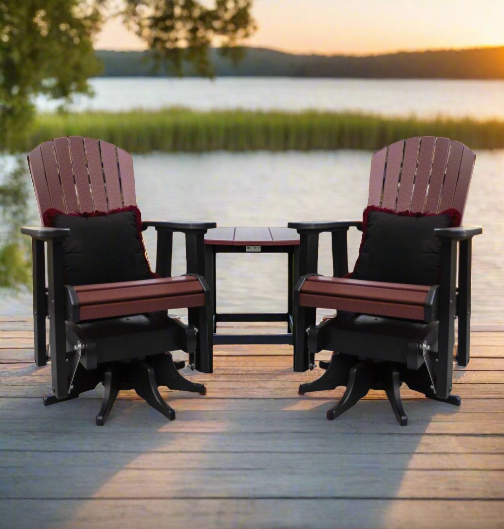 Fanback Swivel Gliders & Oval Side Table Set with 2 Fringe Pillows | Garnet & Black Collection - RSH Decor