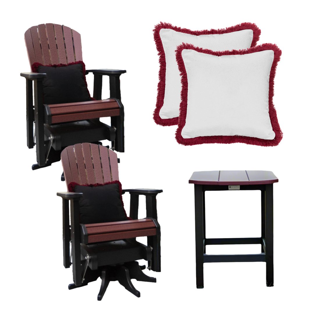 Fanback Swivel Gliders & Oval Side Table Set with 2 Fringe Pillows | Garnet & Black Collection - RSH Decor