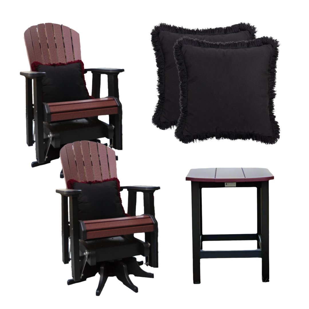 Fanback Swivel Gliders & Oval Side Table Set with 2 Fringe Pillows | Garnet & Black Collection - RSH Decor