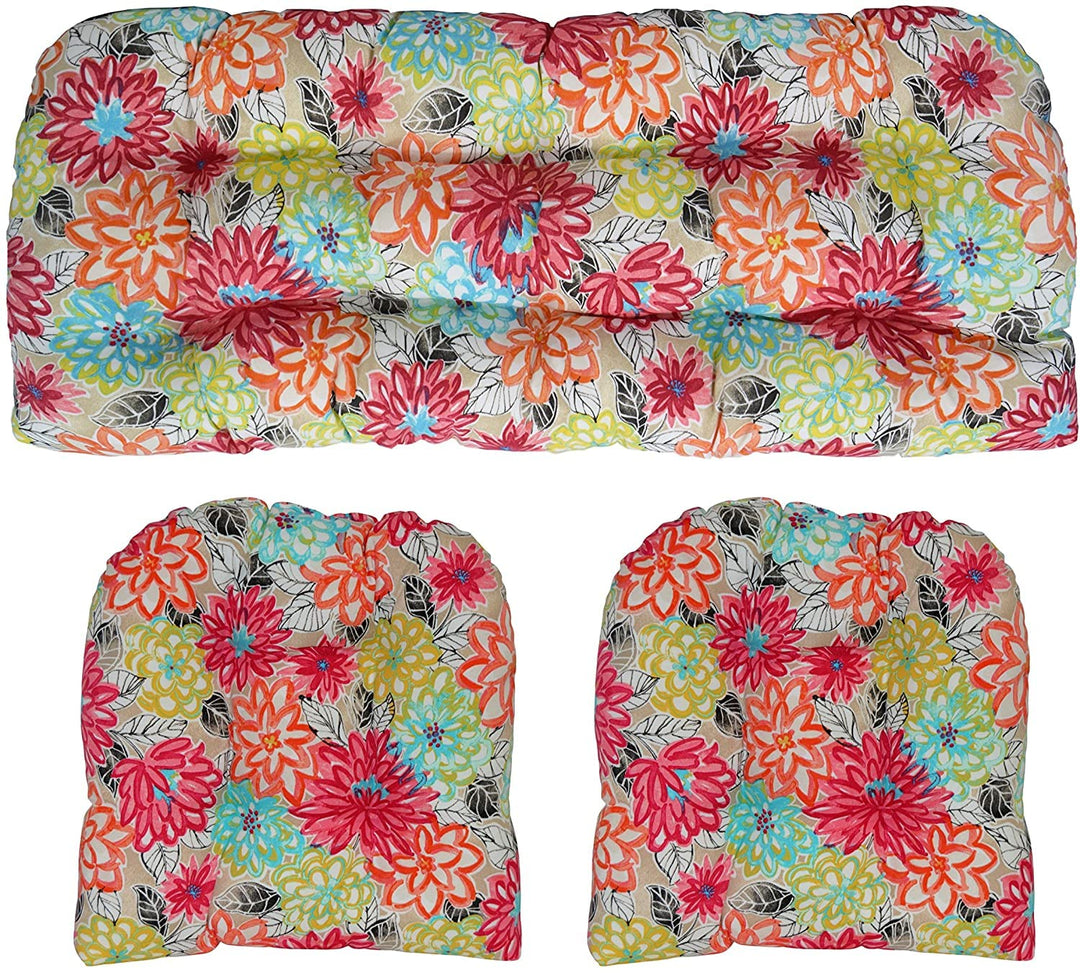 Indoor Outdoor 3 Piece Tufted Wicker Settee and Chair Cushion Set, All Weather, Water & Fade Resistant Polyester Fabric, 1 Loveseat Cushion 41”x19” & 2 U - Shape Chair Cushion 19”x19” - RSH Decor