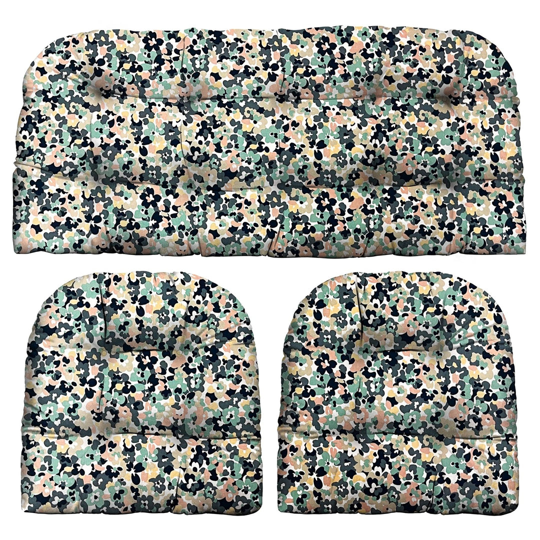 Indoor Outdoor 3 Piece Tufted Wicker Settee and Chair Cushion Set, All Weather, Water & Fade Resistant Polyester Fabric, 1 Loveseat Cushion 41”x19” & 2 U - Shape Chair Cushion 19”x19” - RSH Decor