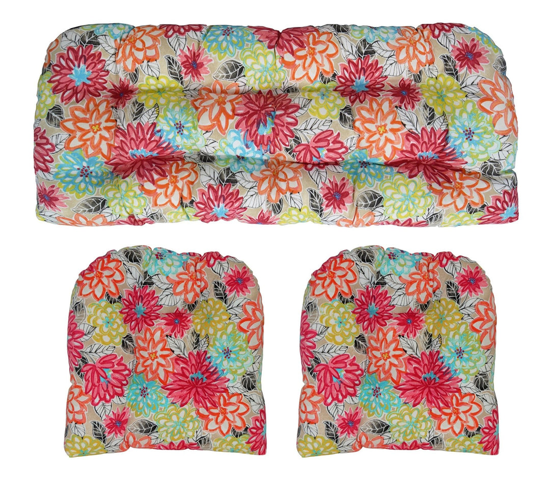 Indoor Outdoor 3 Piece Tufted Wicker Settee and Chair Cushion Set, All Weather, Water & Fade Resistant Polyester Fabric, 1 Loveseat Cushion 44” x 22” & 2 U - Shape Chair Cushions 22”x 22” - RSH Decor