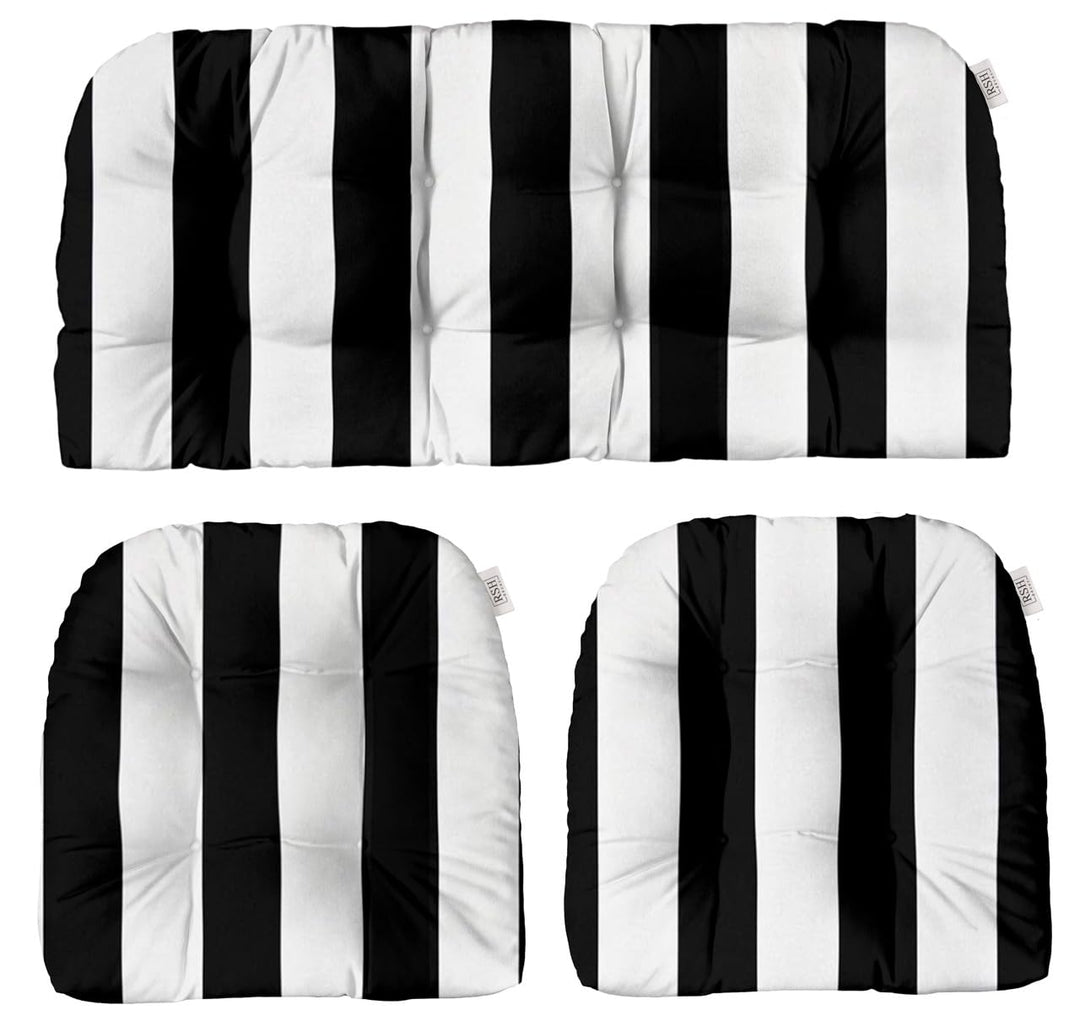 Indoor Outdoor 3 Piece Tufted Wicker Settee and Chair Cushion Set, All Weather, Water & Fade Resistant Polyester Fabric, 1 Loveseat Cushion 44” x 22” & 2 U - Shape Chair Cushions 22”x 22” - RSH Decor