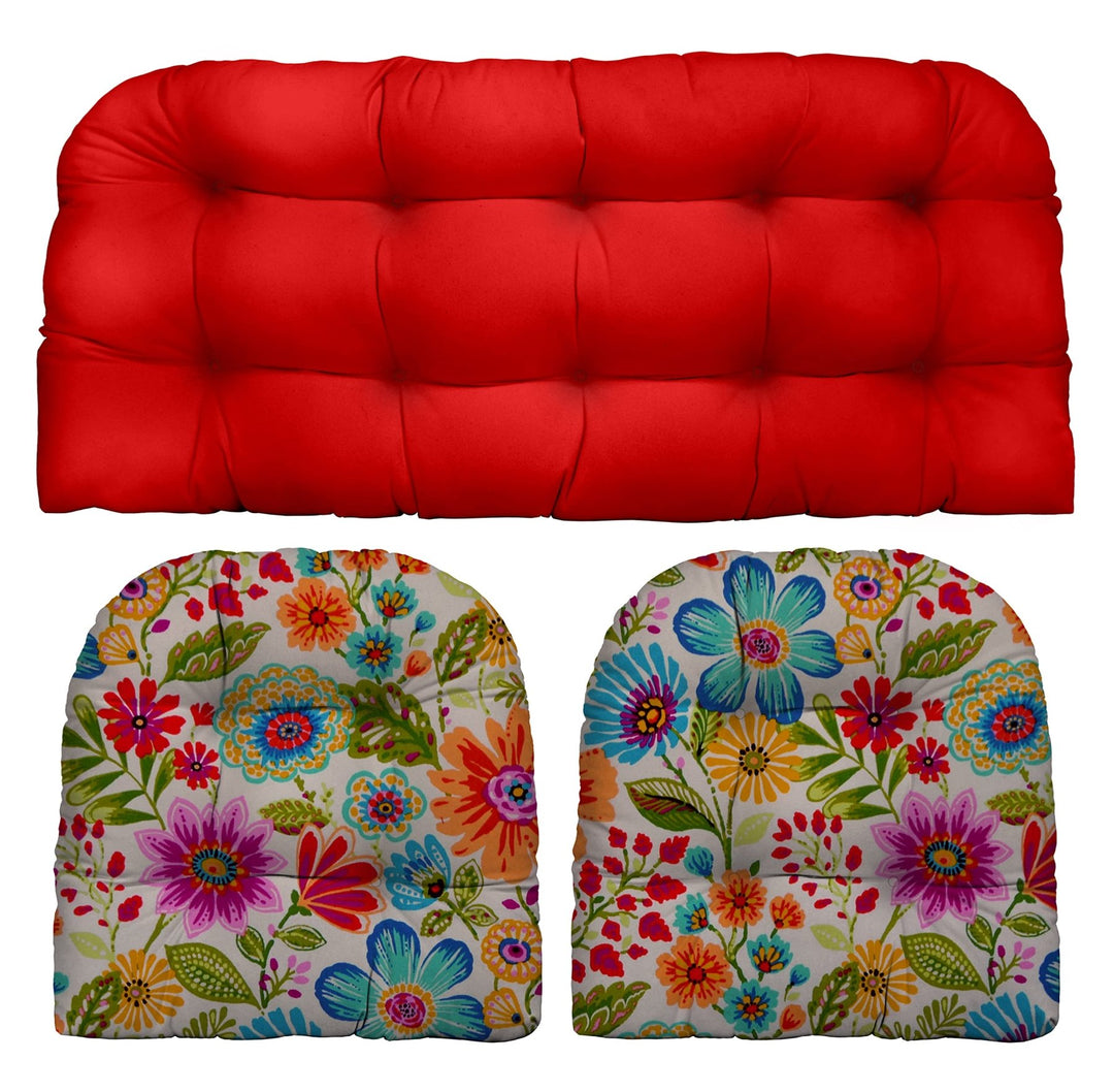 Indoor Outdoor 3 Piece Tufted Wicker Settee and Chair Cushion Set by RSH Décor, All Weather & Fade Resistant Polyester Fabric, 1 Loveseat Cushion 41”x19” & 2 U - Shape Chair Cushion 19”x19” - RSH Decor
