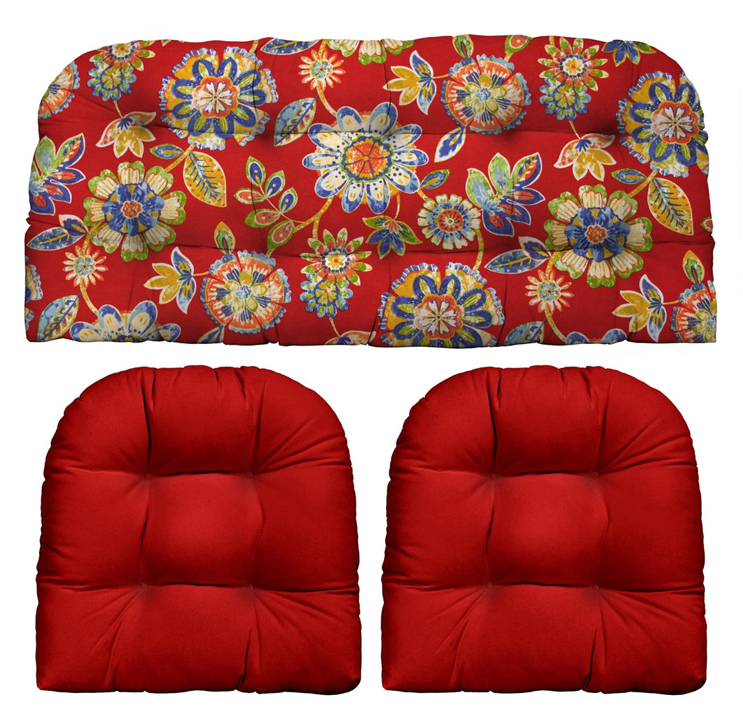 Indoor Outdoor 3 Piece Tufted Wicker Settee and Chair Cushion Set by RSH Décor, All Weather & Fade Resistant Polyester Fabric, 1 Loveseat Cushion 41”x19” & 2 U - Shape Chair Cushion 19”x19” - RSH Decor