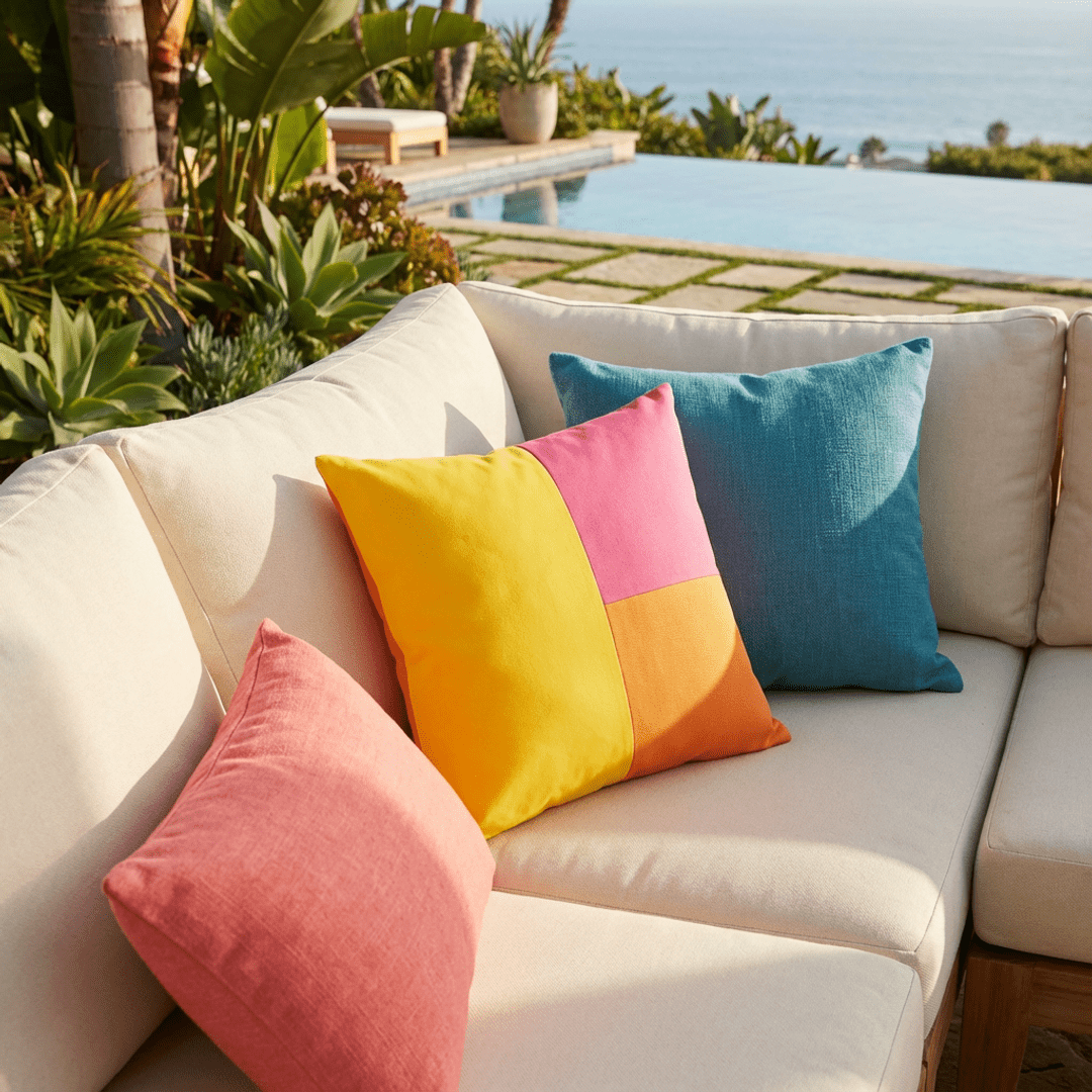 Oblique Studio Sunbrella Cube Pillow in Sunflower/Hot Pink/Tangerine - RSH Decor