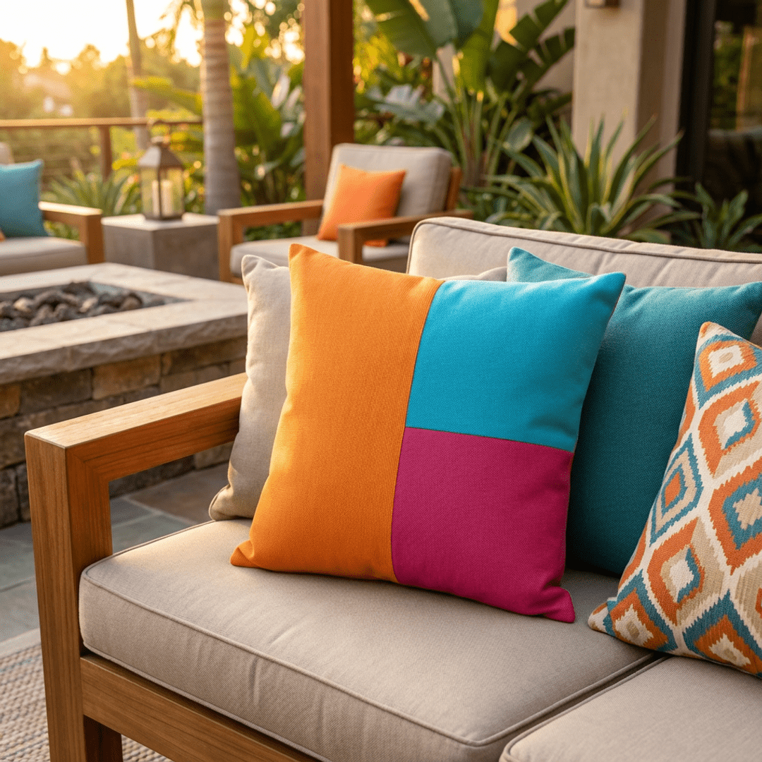 Oblique Studio Sunbrella Cube Pillow in Tangerine/Aruba/Hot Pink - RSH Decor