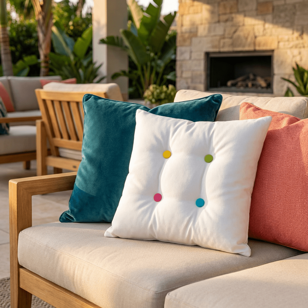 Oblique Studio Sunbrella Four Button Pillow in White/Aruba/Rainbow - RSH Decor