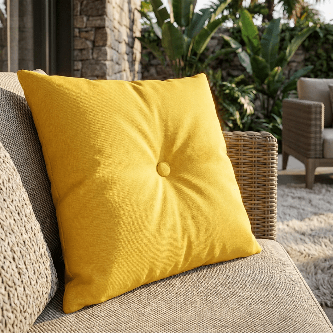 Oblique Studio Sunbrella Icon Solid Square Pillow w/ Button in Sunflower - RSH Decor