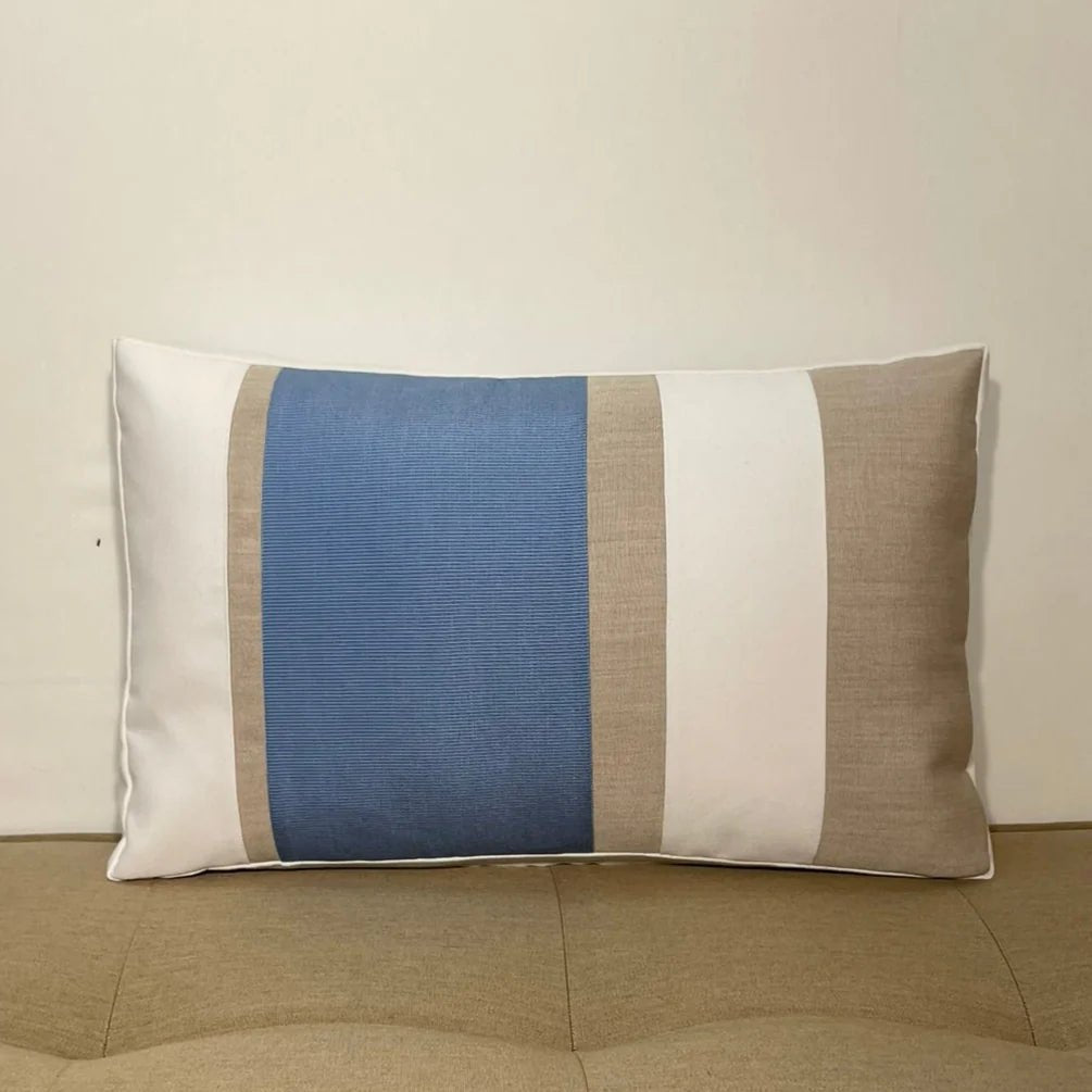 Oblique Studio Sunbrella Multi Stripe Lumbar Pillow in Air Blue/Flax - RSH Decor