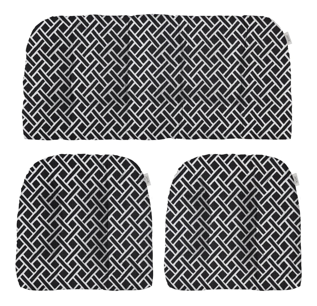 RSH Décor: 3 Piece Tufted Wicker Settee and Chair Cushion Set | Indoor/Outdoor Polyester Fabric | Reversible | 1 Loveseat 41”x19" & 2 U - Shape Cushions 19"x19" | Matte Black Geometric - RSH Decor