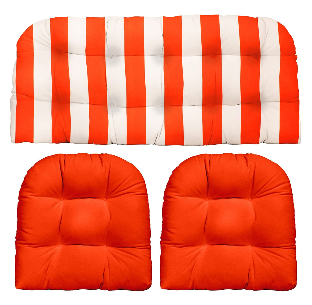 RSH DECOR: 3 - Piece Wicker Tufted Cushion Set | 41” x 19" & 19" x 19" | All - Weather Spun Fabric | Water & Fade - Resistant | Outdoor Loveseat & U - Shape Cushions | Coral & White Stripe + Solid Coral - RSH Decor