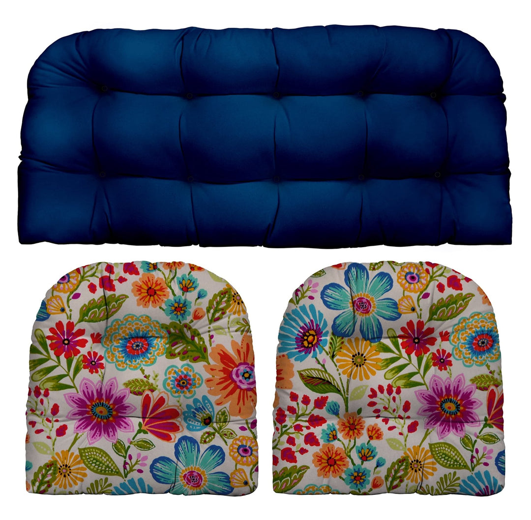 RSH DECOR: 3 - Piece Wicker Tufted Cushion Set | 41” x 19" & 19" x 19" | All - Weather Spun Fabric | Water & Fade - Resistant | Outdoor Loveseat & U - Shape Cushions | Solid Veranda Blue + Gregoire Fresco - RSH Decor