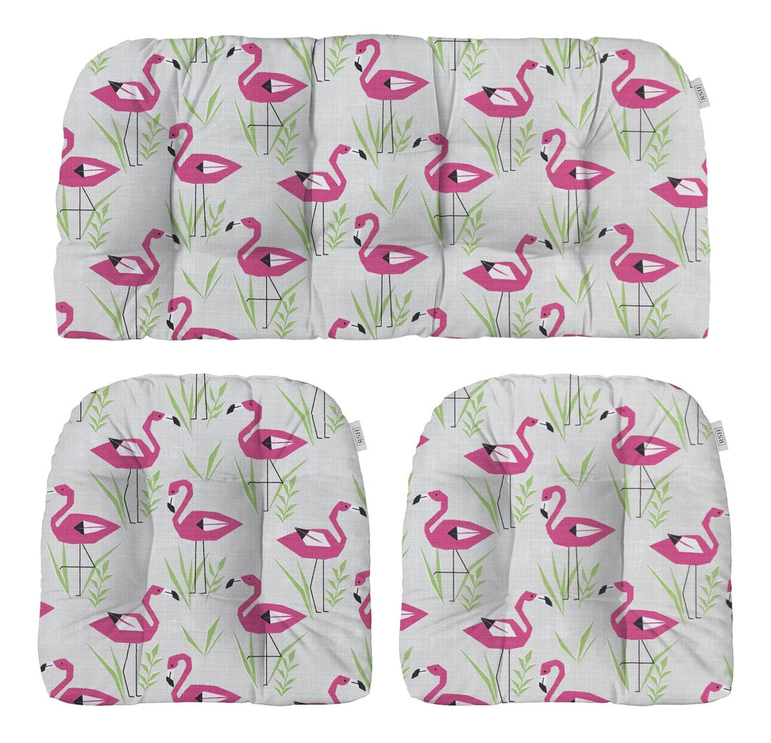 RSH DECOR: 3 - Piece Wicker Tufted Cushion Set | 41” x 19" & 19" x 19" | All - Weather Spun Fabric | Water - Resistant | Outdoor Loveseat & U - Shape Cushions for Patio Furniture | Groove Pink Flamingo - RSH Decor