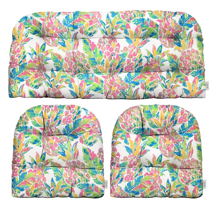 RSH DECOR: 3 - Piece Wicker Tufted Cushion Set | 41” x 19" & 19" x 19" | All - Weather Spun Fabric | Water Resistant | Outdoor Loveseat & U - Shape Cushions for Patio Furniture | Vida Garden Pink Pineapple - RSH Decor