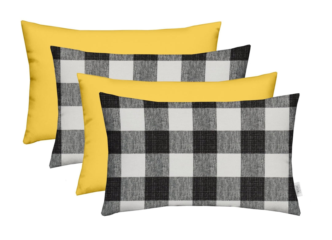RSH DECOR Designer Indoor / Outdoor - Buffalo Plaid Coordinating Lumbar Pillow Sets (20" x 12", Black Plaid - Yellow) - RSH Decor