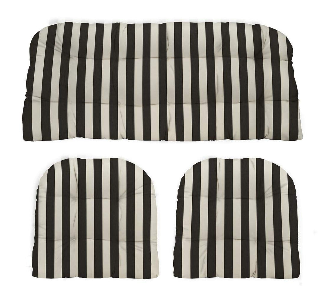 RSH Decor Indoor Outdoor 3 Piece Tufted Wicker Cushion Set, Loveseat 41" x 19" and U - Shapes 19" x 19", Made with Black & White Cabana Stripe Fabric - RSH Decor