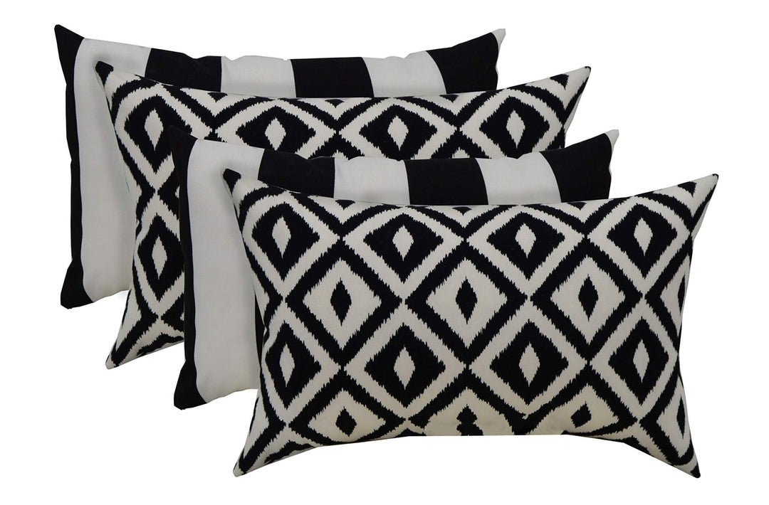 RSH DECOR Indoor Outdoor Mixed Set of 4 Decorative Rectangular Lumbar Throw Pillows ~ Black and White Aztec Geometric and Black & White Stripe Fabric Pillows (20" W x 12" H) - RSH Decor