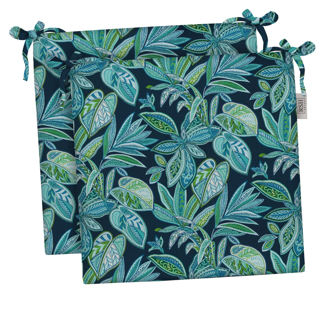 RSH Décor Indoor Outdoor Set of 2 Foam Dining Chair Seat Cushions, 20" x 20" x 3", (Crestwood Marine Blue Leaves) - RSH Decor