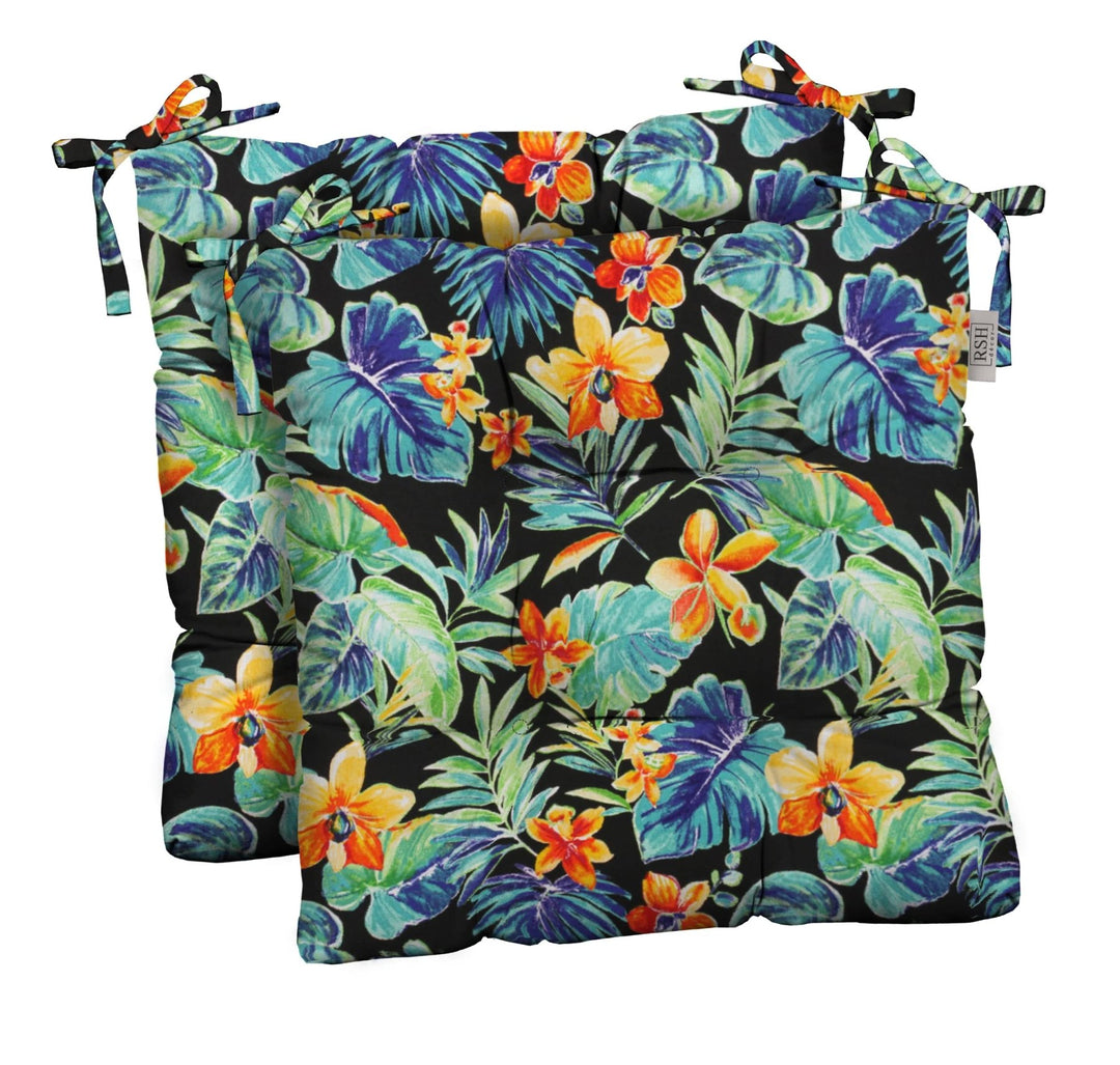 RSH Décor Indoor Outdoor Set of 2 Tufted Dining Chair Seat Cushions, 17" x 17", (Beachcrest Caviar Floral) - RSH Decor