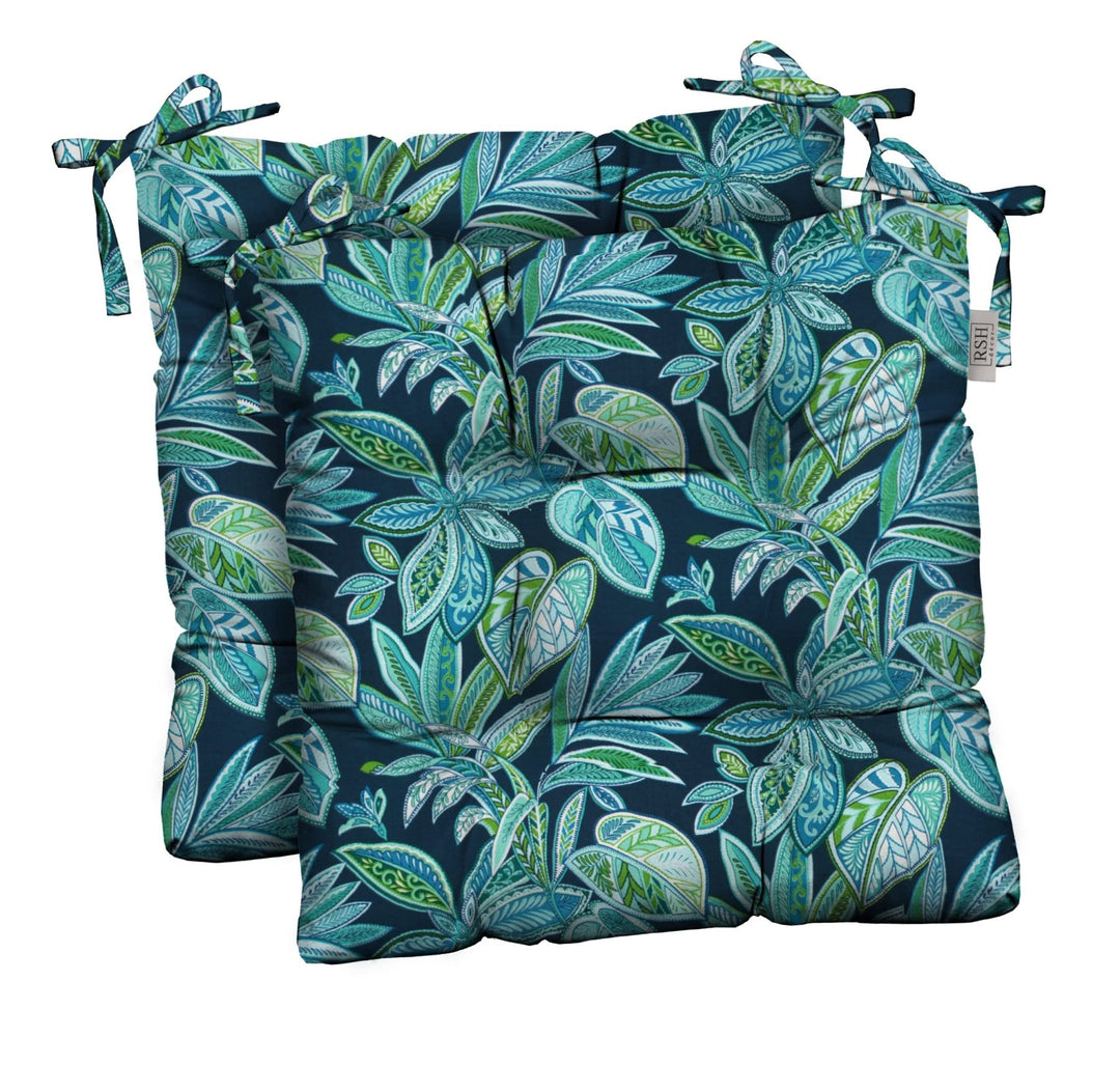 RSH Décor Indoor Outdoor Set of 2 Tufted Dining Chair Seat Cushions, 17" x 17", (Crestwood Marine Blue Leaves) - RSH Decor
