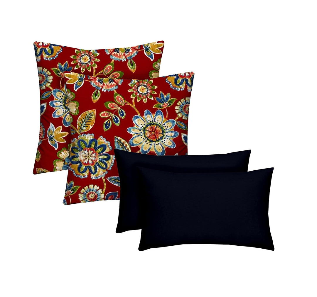 RSH DECOR Indoor/Outdoor All Weather Polyester Fabric, Reversible, 17” x 17” & 20" x 12", Daelyn Cherry + Navy - Set of 4 Square and Lumbar Accent Pillows - RSH Decor