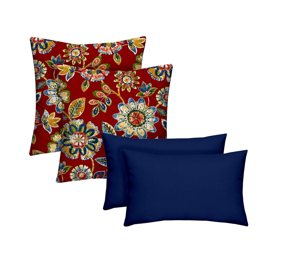RSH DECOR Indoor/Outdoor All Weather Polyester Fabric, Reversible, 17” x 17” & 20" x 12", Daelyn Cherry + Veranda Blue - Set of 4 Square and Lumbar Accent Pillows - RSH Decor